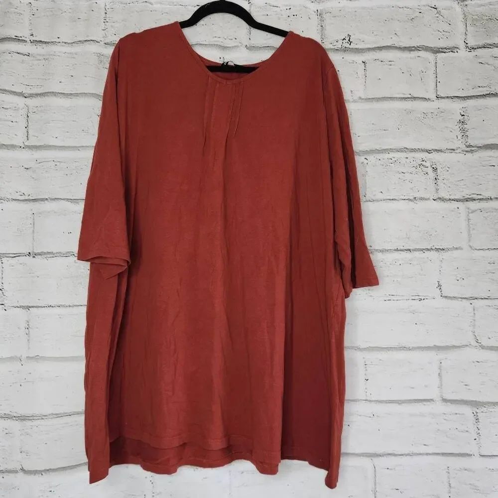 Ulla Popken Womens Burnt Orange Pleated 3/4 Sleeve Stretch Tunic Top Size 24/26